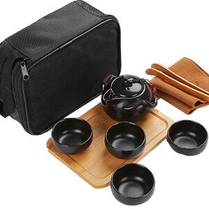 Goodbag Chinese Japanese Tea Set  Porcelain Portable 9 Pieces Bamboo Tea Clip